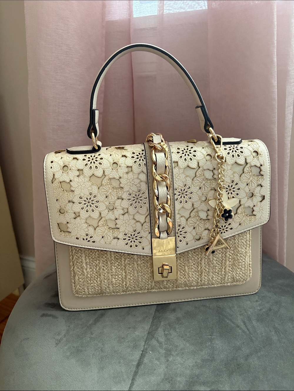 Aldo Cream Floral Laser-Cut Satchel with Gold Chain Detail